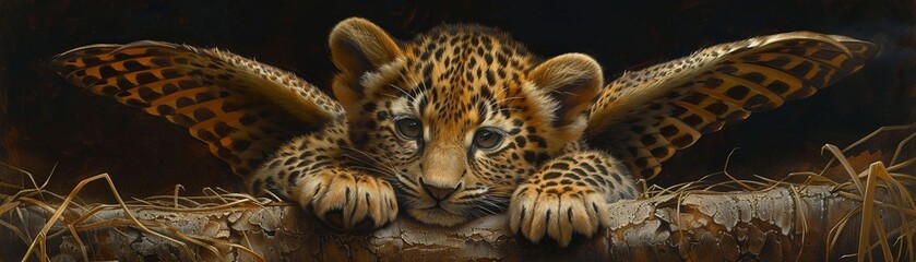 Brown, angel, puppy, winged leopard, shark , hyper realistic