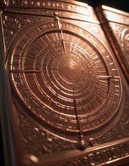 An ornate, copper-toned sundial embossed on a book cover, with intricate details and a timeless feel, epitomizing classic knowledge and wisdom. - obrazy, fototapety, plakaty