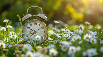 daylight saving time adjustment: spring forward clock change with alarm clock on tranquil nature background featuring green grass and white flowers meadow, clock turn forward one hour in spring