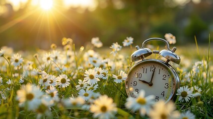 springtime awakening: time change with daylight saving transition, alarm clock on serene nature background with green grass and white flowers meadow, clock turn forward one hour in spring - Powered by Adobe