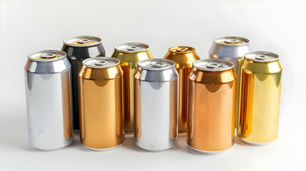 gold and silver aluminum cans on a light background 