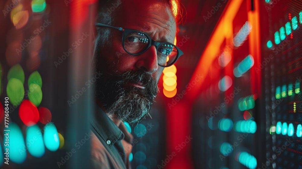 Aufkleber optimizing server performance for enhanced cyber defense, skilled it specialist meticulously manages