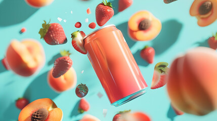 mockup of a red aluminum can on a background of peaches and strawberries