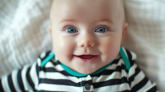 A close up photo of an adorable baby with blue eyes