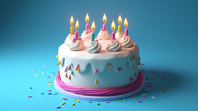 artificial intelligence to design an image of a happy birthday cake with candles, featuring lively colors and isolation on a blue background attractive look