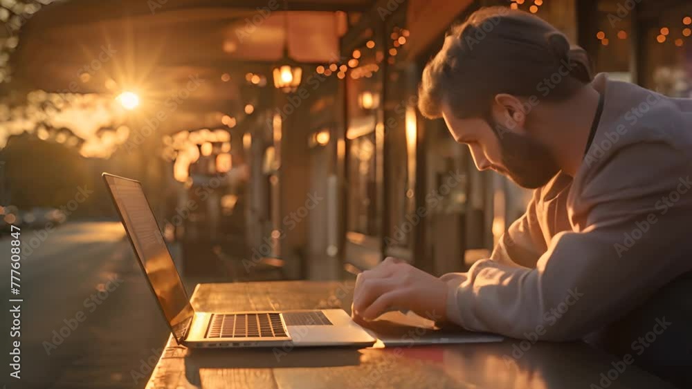Poster man sitting at table with laptop computer generative ai
