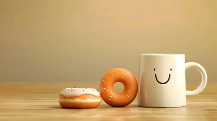 a cup of coffee in kawaii style and a donut on a light brown background with copy space