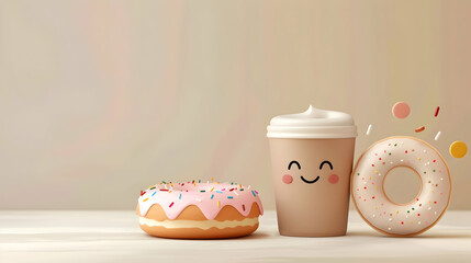 a cup of coffee in kawaii style and a donut on a light brown background with copy space