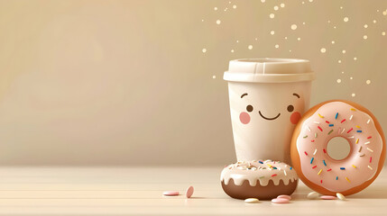 a cup of coffee in kawaii style and a donut on a light brown background with copy space