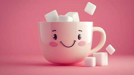 on a pink background, a pink mug with large lumps of sugar in Kowaii style with copy space