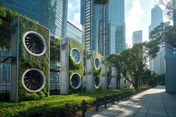 Sustainable cityscape with carbon capture technology amidst skyscrapers