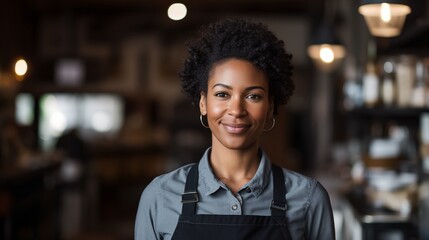 Fototapeta premium Happy Employee Worker Female Woman Black African American in Urban City Restaurant Cafe for Human Resources Career Jobs wearing Blue Shirt and Apron