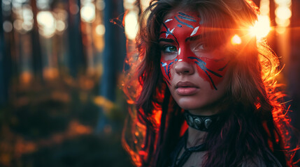 Mulher celta com pinturas vermelhas no rosto na floresta 