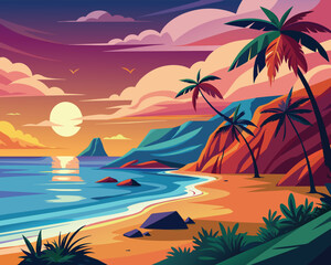 Fototapeta na wymiar Drawing tropical beach summer abstract background vector illustration