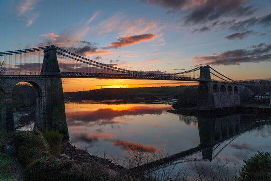 Menai Bridge at sunset, North Wales, Bangor