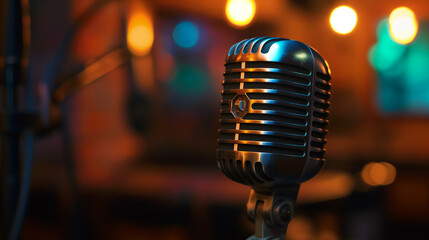Microfone em um estúdio de musica com o fundo desfocado 