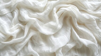 top view of white crumpled linen fabric texture background, illustrating natural organic eco textiles canvas in soft textured surface
