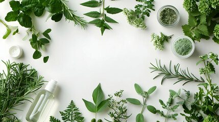 background for advertising natural cosmetics, frame of greenery and mockups of bottles and creams on a white background with space for text