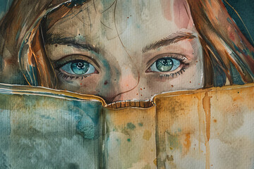 A woman with blue eyes is looking at the camera through a book