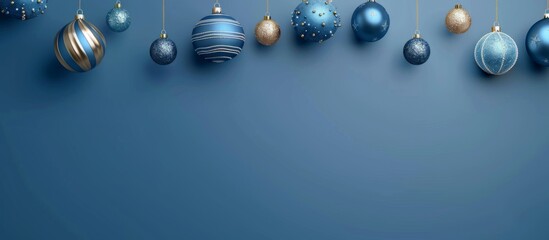 Minimalist blue background for Christmas with hanging ornaments, space for text Generative AI
