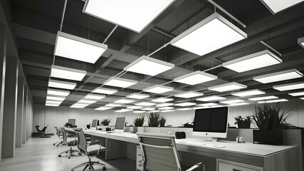 Modern square fluorescent lights in office ceiling sleek design details in interio. Concept Office Lighting, Modern Design, Sleek Interiors, Fluorescent Lights, Square Fixtures - obrazy, fototapety, plakaty