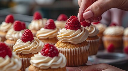 bakery background: pastry chef carefully decorating muffins with fresh berries, creating delicious desserts in a close-up shot with space for text - obrazy, fototapety, plakaty