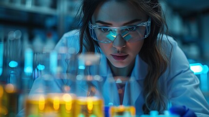 woman in lab coat conducting science experiment with chemical reaction in chemistry laboratory,...