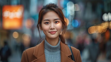 young asian businesswoman happily strolling along the urban sidewalk, embracing her dynamic career in the bustling city