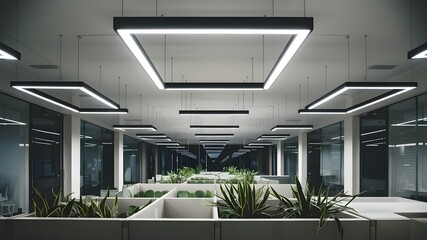 Sleek design details of modern square fluorescent lights in office ceiling interior. Concept Office Lighting, Modern Design, Square Fluorescent Lights, Sleek Details, Interior Decor
