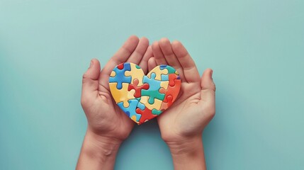 promoting unity and compassion, heartwarming image of adult and child hands united in puzzle heart for autism awareness against soft blue backdrop, fostering empathy and support
