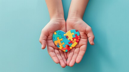embracing autism awareness, touching moment of adult and child hands holding puzzle heart on serene light blue background, spreading love and understanding
