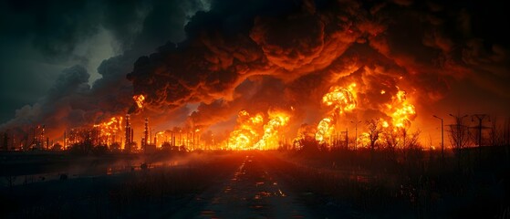 Inferno at oil depot: Dark smoke and dramatic flames at night. Concept Fire Safety, Industrial Accident, Emergency Response, Environmental Impact, Hazardous Materials
