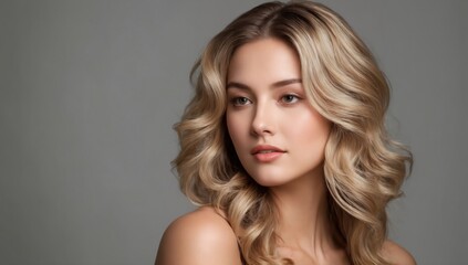 Salon hair coloring. Fashion young Caucasian woman with curly long shiny blonde hair. Beauty and hair care concept. Banner with copy space. Ai generation
