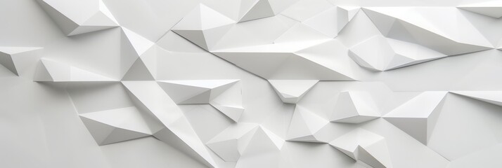 A stretched, pure white background, with a sequence of geometric forms including triangles and hexagons, arranged in a subtle, understated pattern - obrazy, fototapety, plakaty