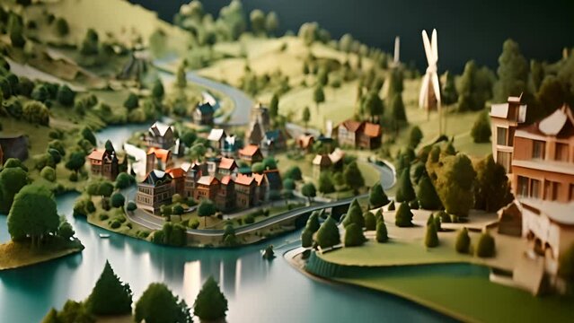 Miniature Town Model With River Generative AI