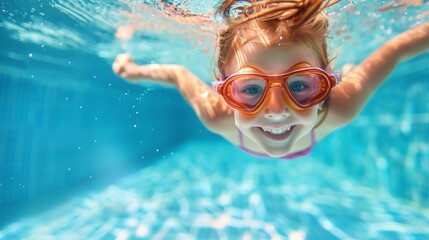 joyful girl kid learning to swim and dive underwater in pool. active lifestyle and swimming lessons for child on summer vacation - Powered by Adobe