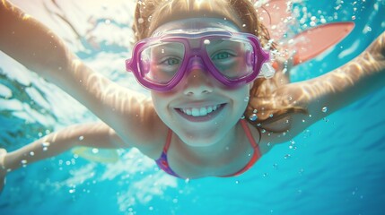 Fototapeta premium delighted kid girl swimming and diving in pool during summer vacation. active healthy lifestyle and aquatic adventures with child