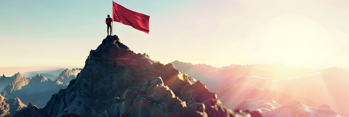 Climber puts a red flag on top of a mountain to present concept of success, Symbol of Victory - obrazy, fototapety, plakaty