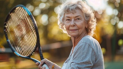 content senior woman takes pleasure in playing tennis as recreational activity during retirement - obrazy, fototapety, plakaty