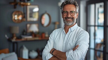 delighted business professional stands confidently with arms crossed in office environment