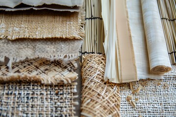 Eco friendly textures, close up of natural materials like bamboo and recycled paper, embodying sustainability trends, warm earth tones