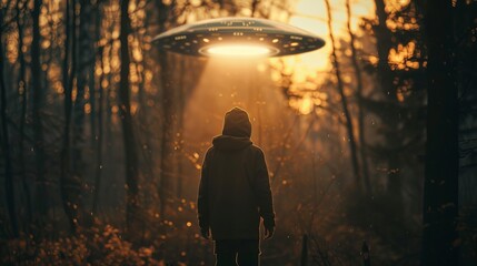 UFO Light Hovering Over Frightened Man - obrazy, fototapety, plakaty