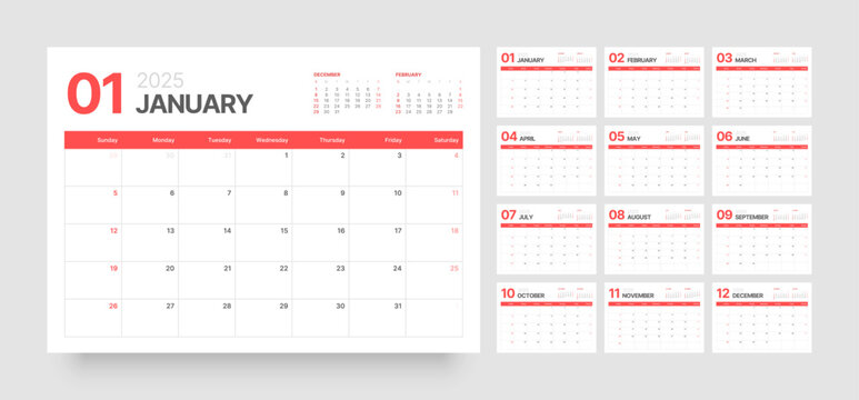 Monthly calendar template for 2025 year. Wall or desk calendar in a minimalist style. Diary planner for 2025 year. Week Starts on Sunday. 