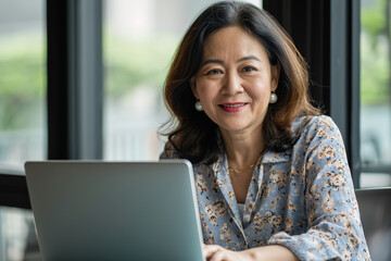 Middle aged Asian woman with laptop at workplace