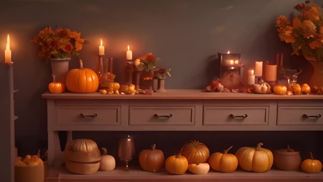 Thanksgiving Table Decorated With Pumpkins and Candles Generative AI