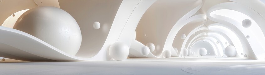 An expansive white background where abstract geometric lines gently curve and intersect, complemented by scattered 3D spheres, offering a refined, minimalist aesthetic