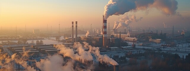 sprawling industrial area reveals heavy pollution emitted by a large factory, prompting urgent environmental action