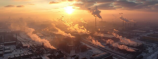 vast industrial landscape marred by heavy pollution from a large factory, environmental impact assessment underway
