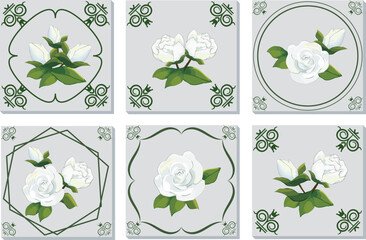 A set of tiles with roses.Vector illustration with a collection of white roses on tiles.