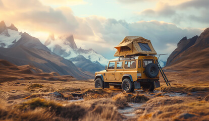 A yellow off-road vehicle with rooftop tent parked on cliff overlooking majestic mountain scenery at sunset. Adventure camping in wilderness with breathtaking views of rugged peaks and dramatic clouds - Powered by Adobe